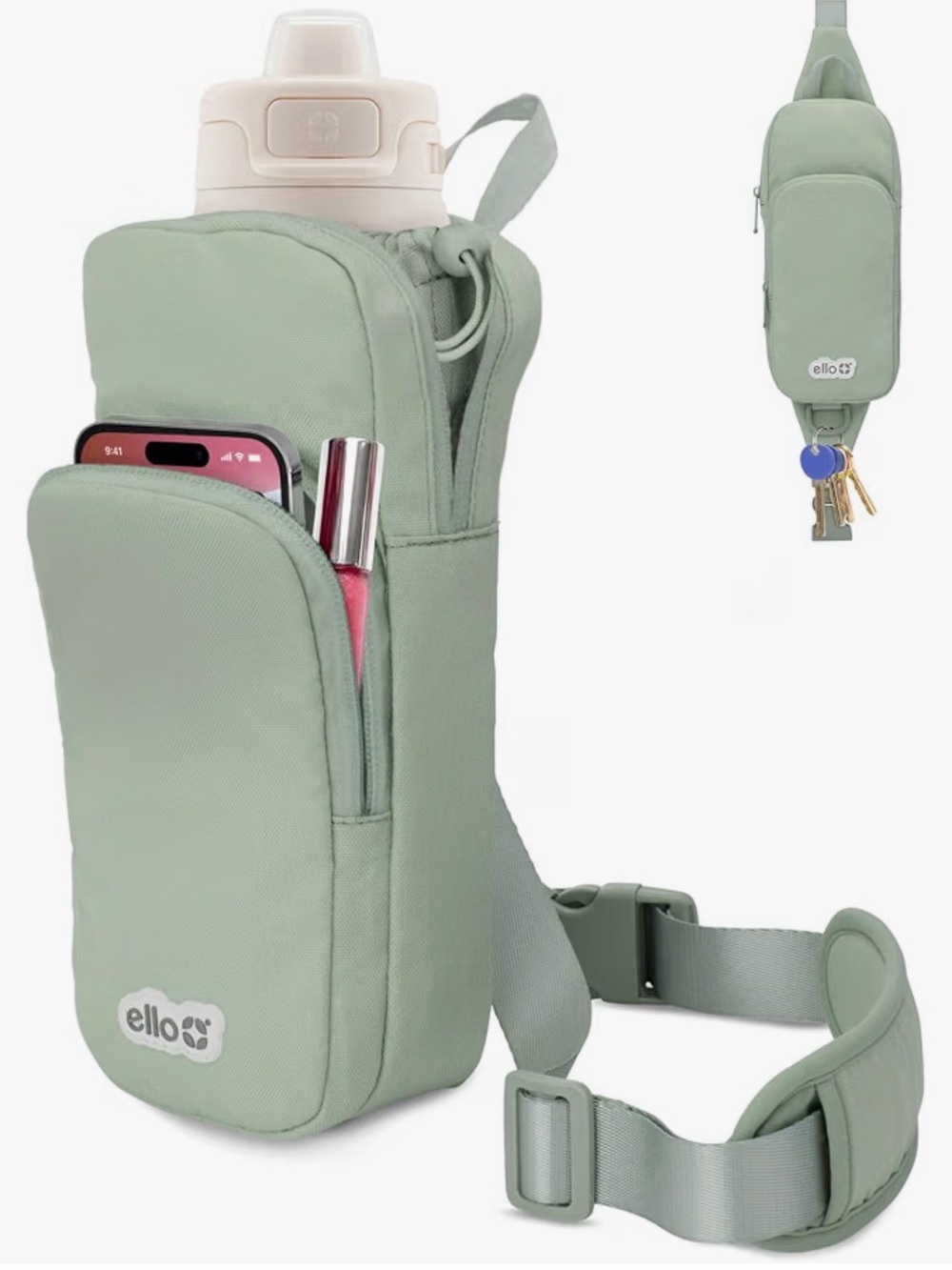 Ello Sage Green Crossbody Water Bottle & Phone Sling - Hands-Free Carry